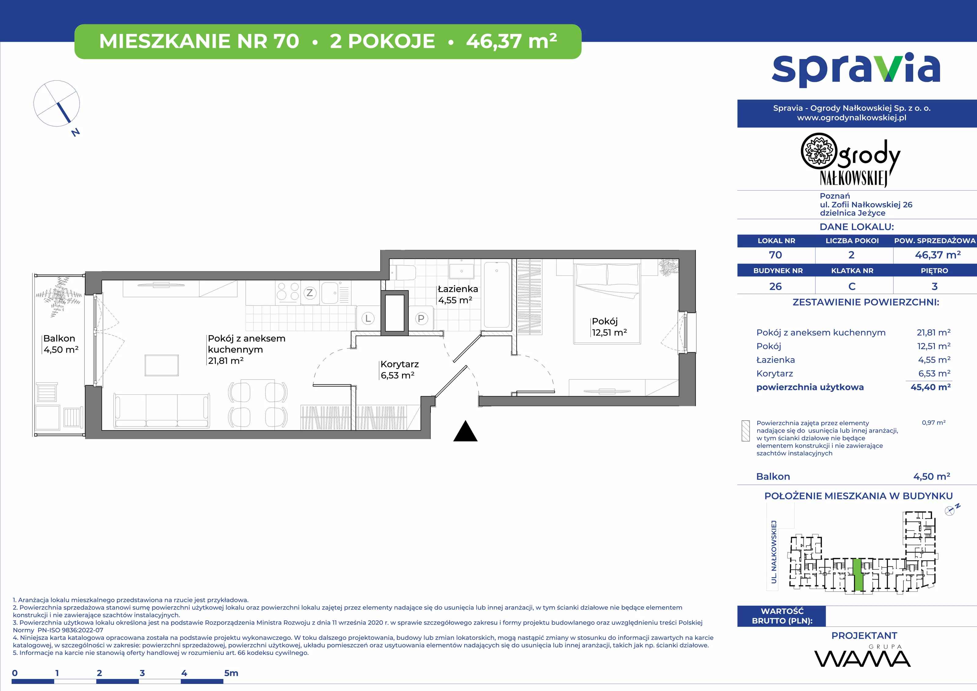 2 pokoje, mieszkanie 46,37 m², piętro 3, oferta nr 26-70, Ogrody Nałkowskiej, Poznań, Ogrody, ul. Nałkowskiej 24, 26